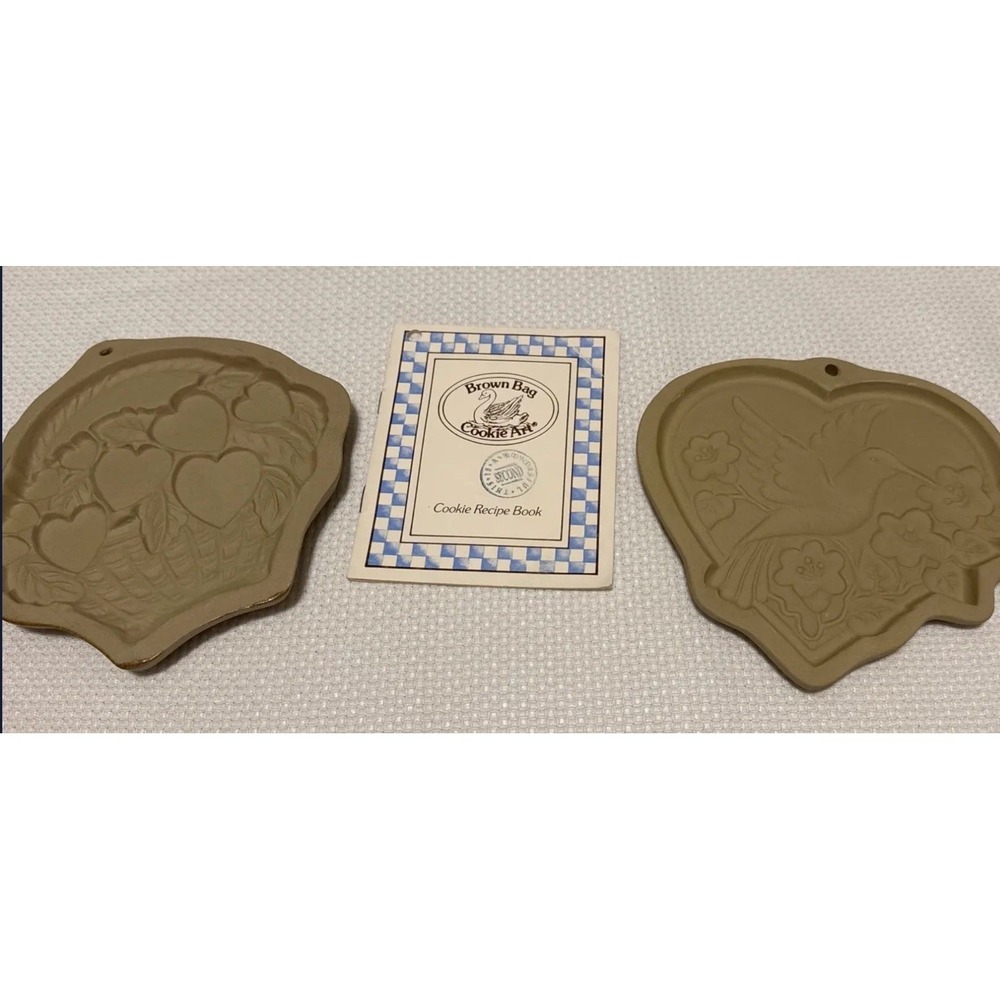 Lot of 2 Vintage Brown Bag Cookie Art Molds 1992 Hummingbird & Basket of Hearts